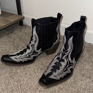 Black and Silver Embroidered Ankle Boots